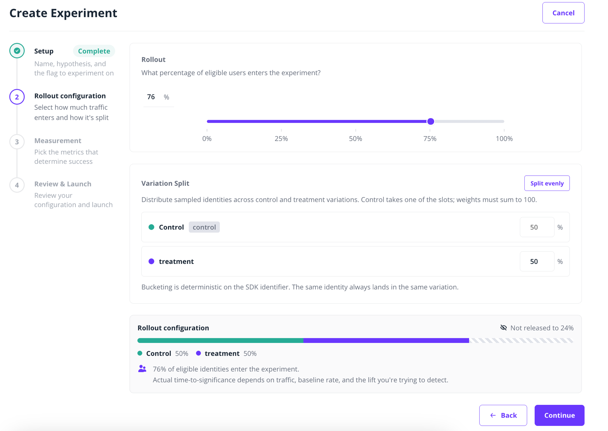 The Rollout configuration step: rollout percentage, variation split and distribution bar